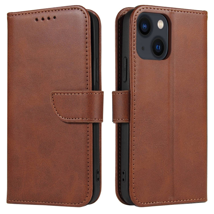 Estuche para teléfono de cuero con tapa y hebilla con textura de becerro