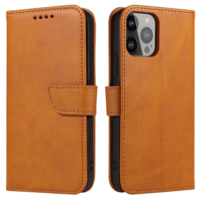 Estuche para teléfono de cuero con tapa y hebilla con textura de becerro