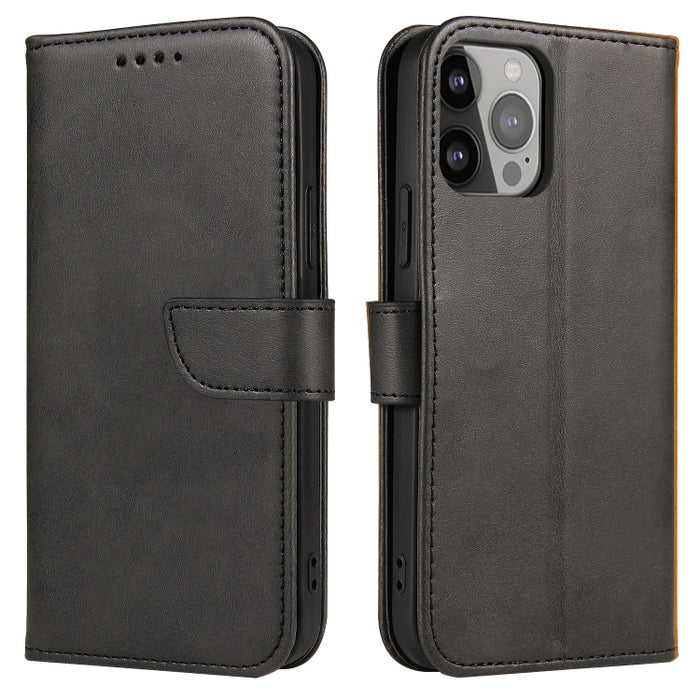 Estuche para teléfono de cuero con tapa y hebilla con textura de becerro