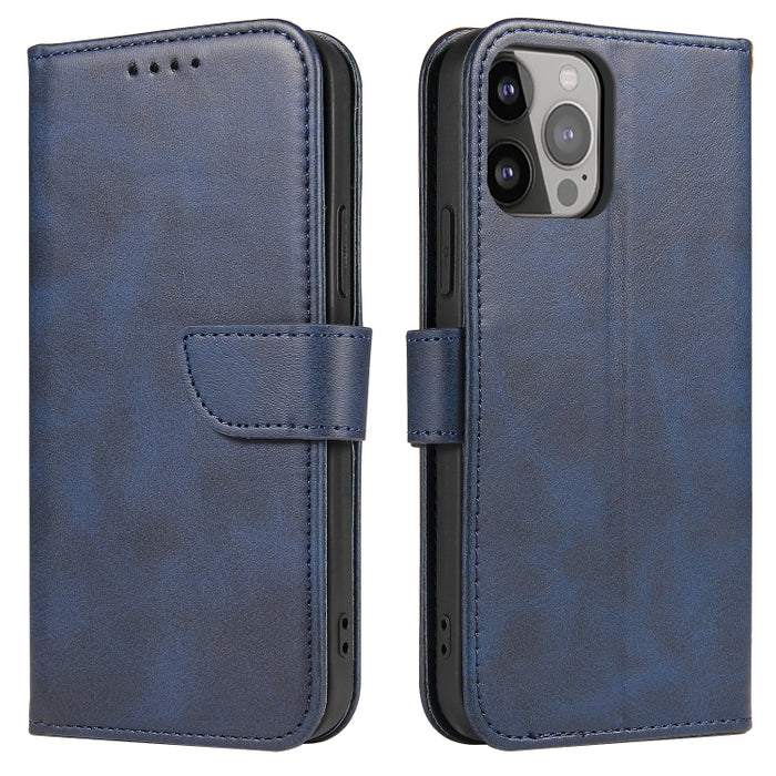 Estuche para teléfono de cuero con tapa y hebilla con textura de becerro