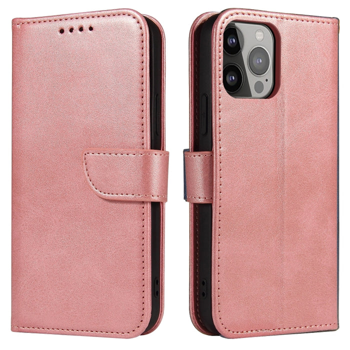 Estuche para teléfono de cuero con tapa y hebilla con textura de becerro