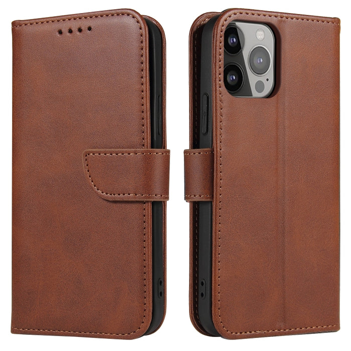 Estuche para teléfono de cuero con tapa y hebilla con textura de becerro