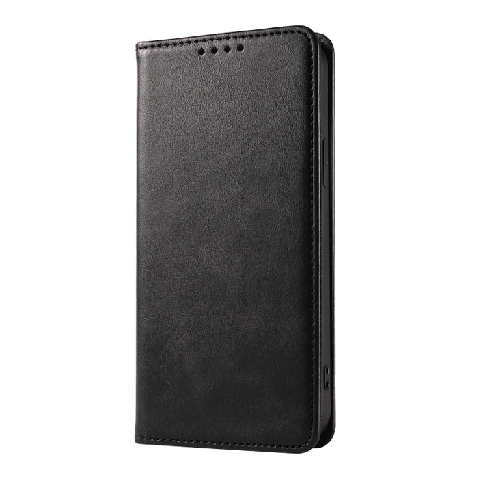 Estuche para teléfono de cuero con tapa magnética y textura de becerro