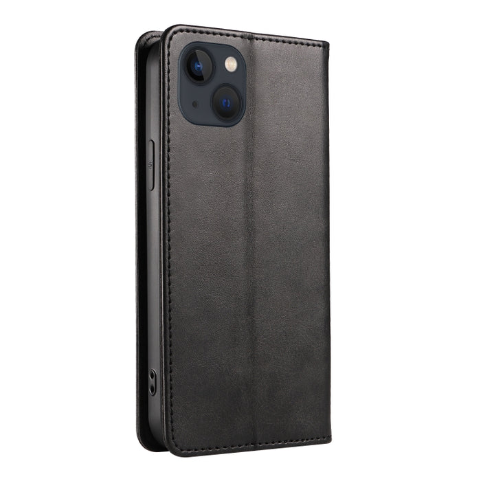 Estuche para teléfono de cuero con tapa magnética y textura de becerro