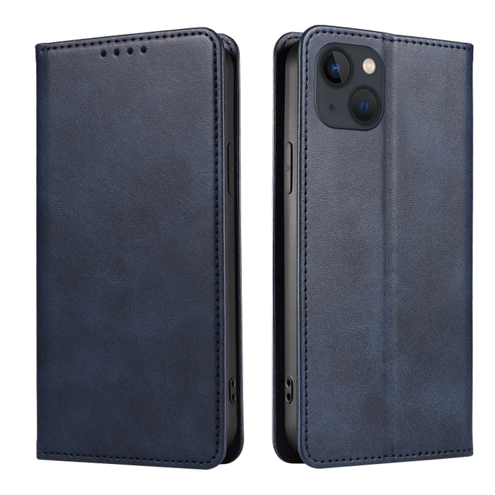 Estuche para teléfono de cuero con tapa magnética y textura de becerro
