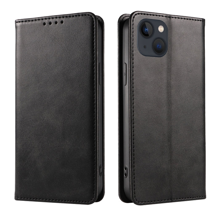 Estuche para teléfono de cuero con tapa magnética y textura de becerro