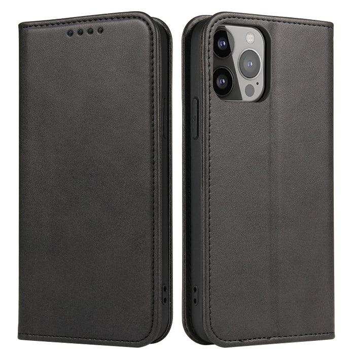 Estuche para teléfono de cuero con tapa magnética y textura de becerro