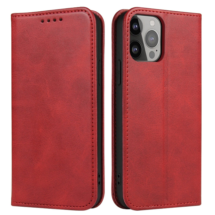 Estuche para teléfono de cuero con tapa magnética y textura de becerro