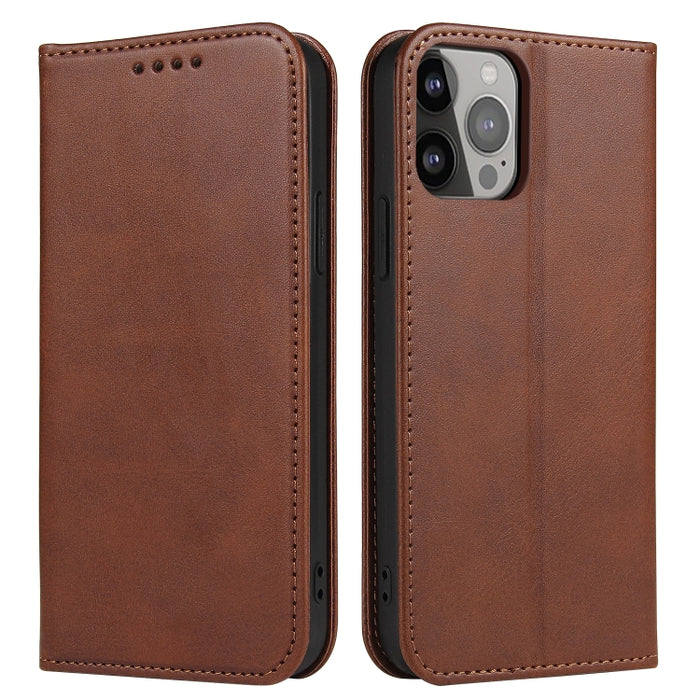Estuche para teléfono de cuero con tapa magnética y textura de becerro