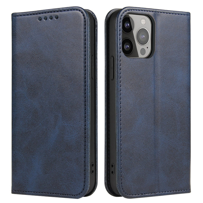 Estuche para teléfono de cuero con tapa magnética y textura de becerro