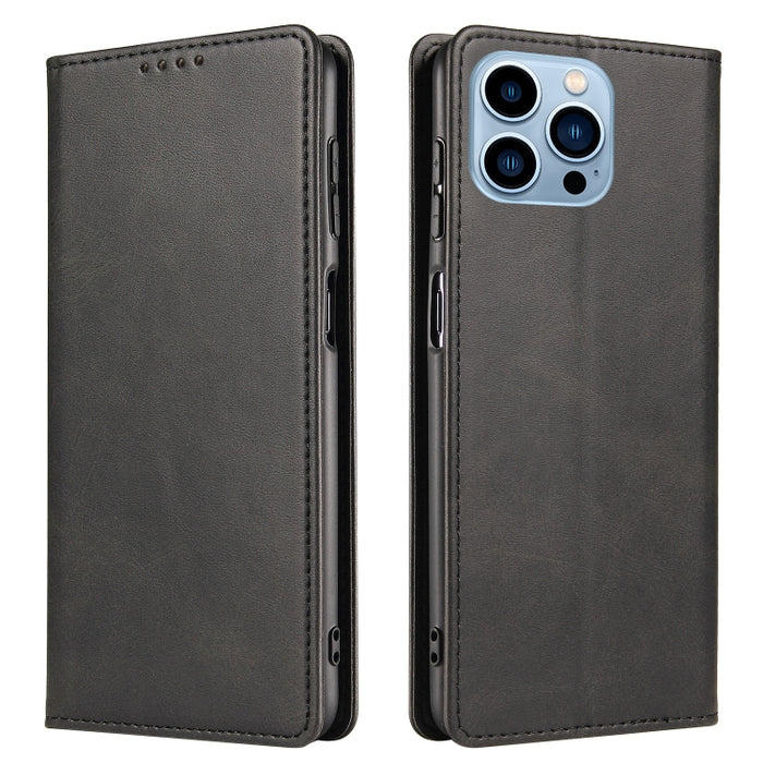 Estuche para teléfono de cuero con tapa magnética y textura de becerro