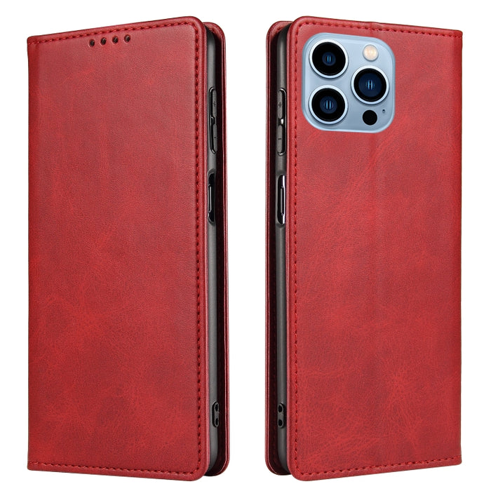 Estuche para teléfono de cuero con tapa magnética y textura de becerro