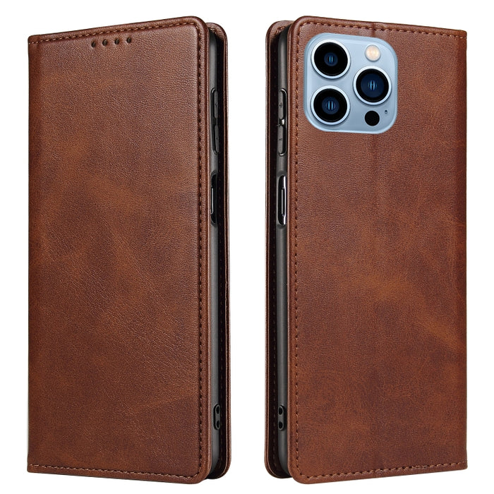 Estuche para teléfono de cuero con tapa magnética y textura de becerro