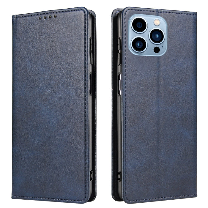 Estuche para teléfono de cuero con tapa magnética y textura de becerro