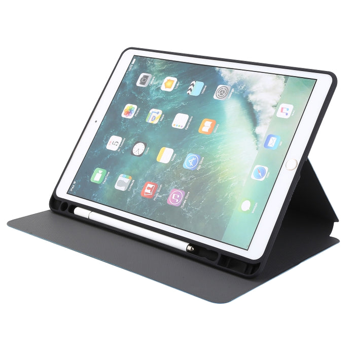 Estuche de cuero con tapa horizontal de textura prensada eléctrica con soporte y ranura para bolígrafo