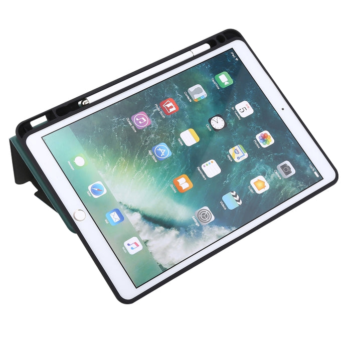 Estuche de cuero con tapa horizontal de textura prensada eléctrica con soporte y ranura para bolígrafo