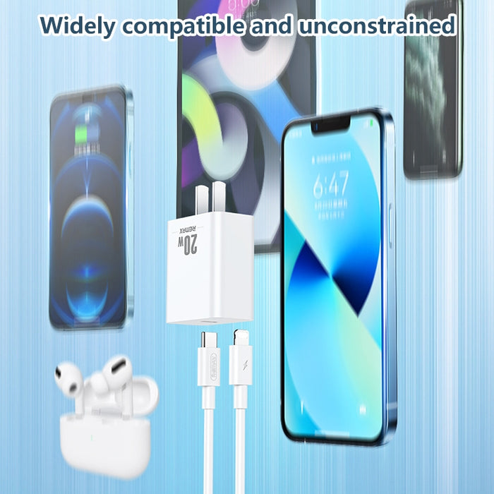 REMAX RP-U5 Extreme 2 Series 20W PD Cargador + 1m USB-C / Tipo-C a Juego de cables de datos de carga rápida de 8 pines