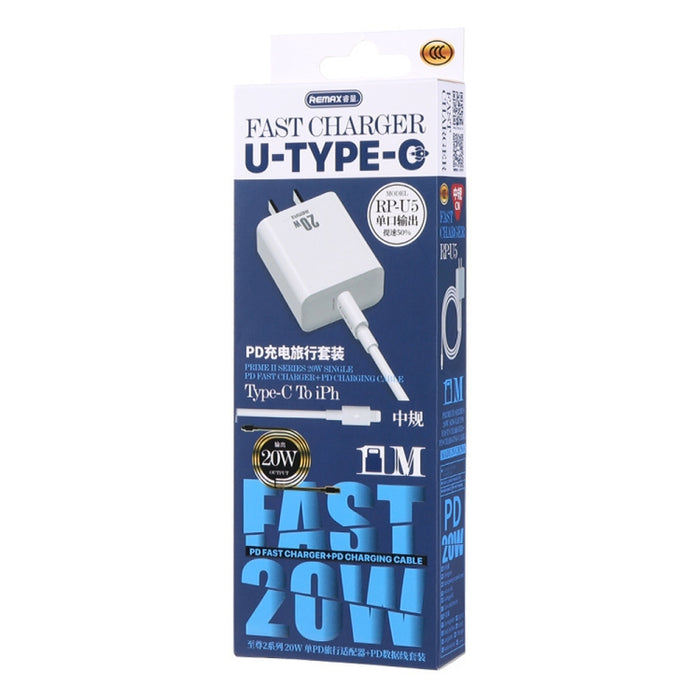 REMAX RP-U5 Extreme 2 Series 20W PD Cargador + 1m USB-C / Tipo-C a Juego de cables de datos de carga rápida de 8 pines