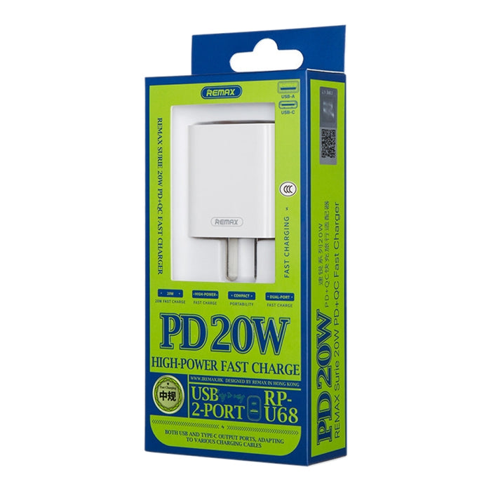 REMAX RP-U68 Speedy Series 20W USB+USB-C/Tipo-C Interfaz Cargador rápido