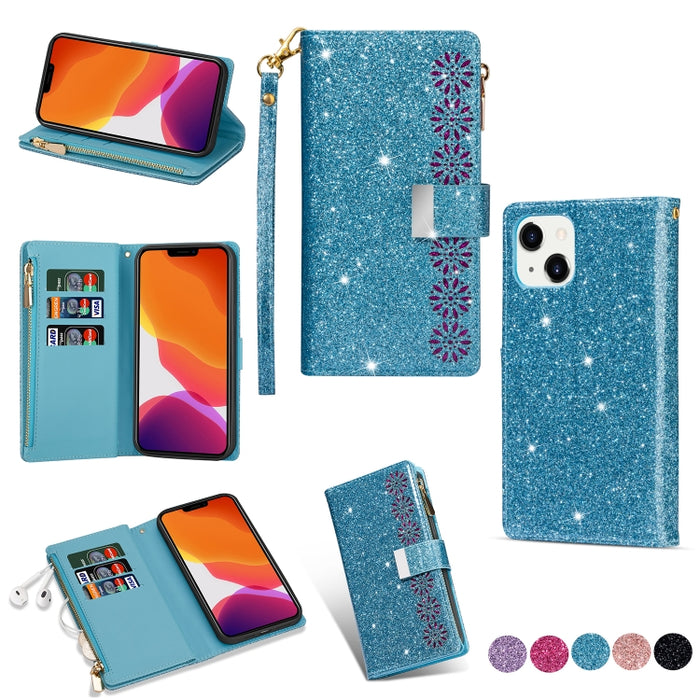 Estuche de cuero con cremallera y brillo tallado con láser con ranuras para múltiples tarjetas