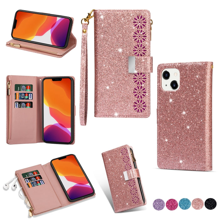 Estuche de cuero con cremallera y brillo tallado con láser con ranuras para múltiples tarjetas