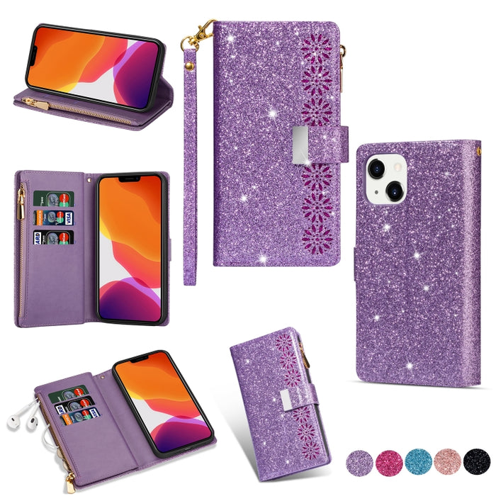 Estuche de cuero con cremallera y brillo tallado con láser con ranuras para múltiples tarjetas