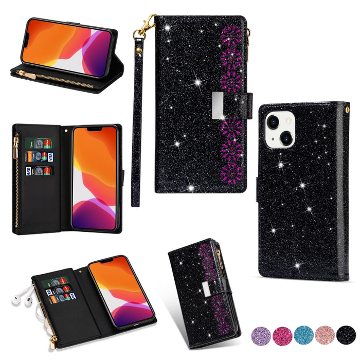 Estuche de cuero con cremallera y brillo tallado con láser con ranuras para múltiples tarjetas