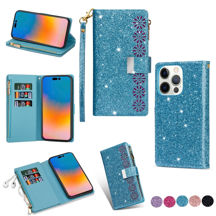 Estuche de cuero con cremallera y brillo tallado con láser con ranuras para múltiples tarjetas