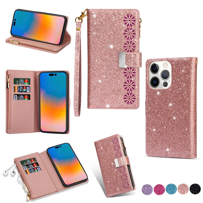 Estuche de cuero con cremallera y brillo tallado con láser con ranuras para múltiples tarjetas