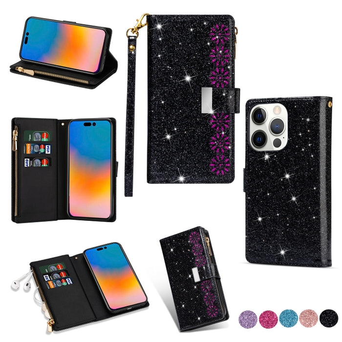 Estuche de cuero con cremallera y brillo tallado con láser con ranuras para múltiples tarjetas