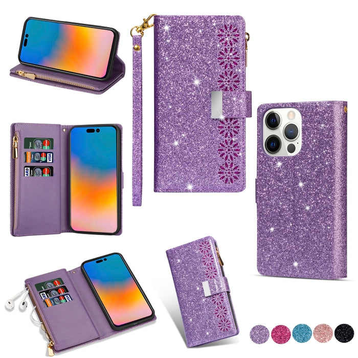 Estuche de cuero con cremallera y brillo tallado con láser con ranuras para múltiples tarjetas