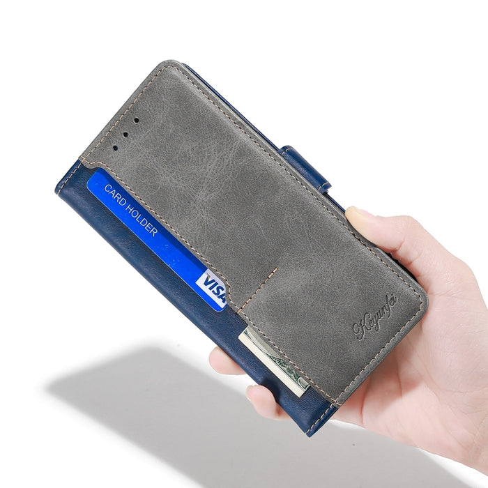 Estuche para teléfono de cuero con hebilla lateral en contraste de colores
