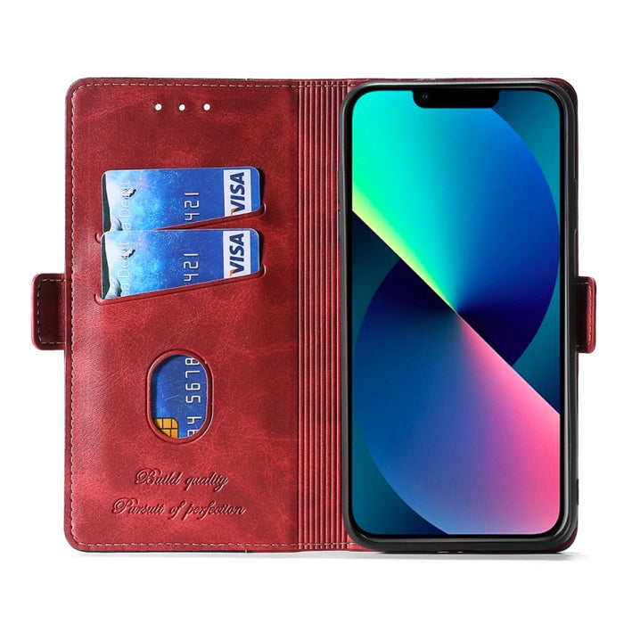 Estuche para teléfono de cuero con hebilla lateral en contraste de colores