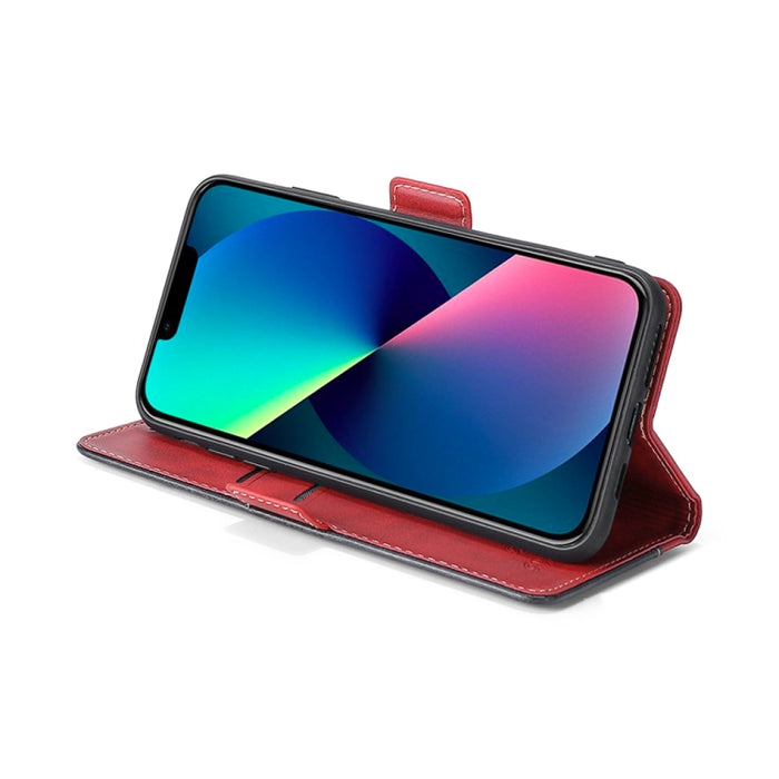 Estuche para teléfono de cuero con hebilla lateral en contraste de colores