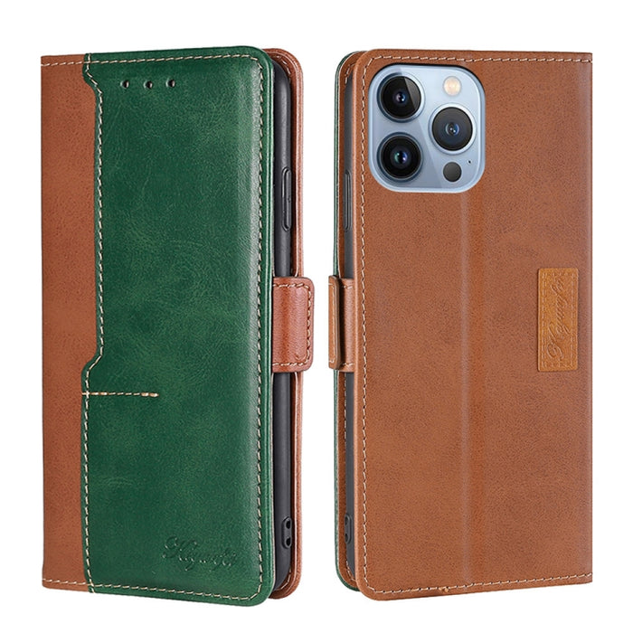 Estuche para teléfono de cuero con hebilla lateral en contraste de colores