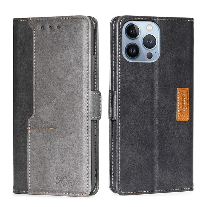 Estuche para teléfono de cuero con hebilla lateral en contraste de colores