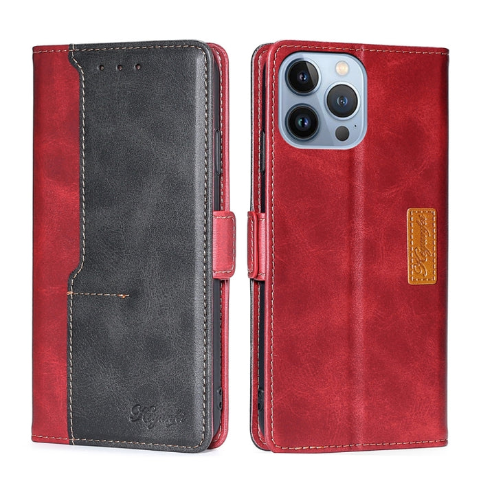 Estuche para teléfono de cuero con hebilla lateral en contraste de colores