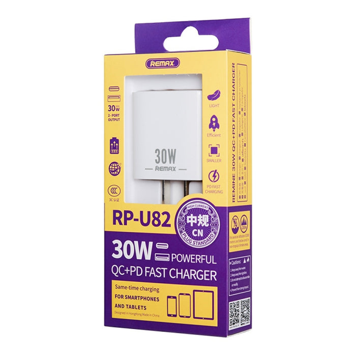 REMAX RP-U82 30W USB+USB-C/Tipo-C Cargador rápido de doble interfaz