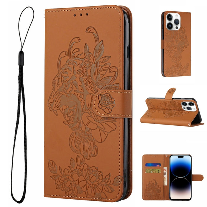 Estuche para teléfono de cuero con estampado de flor de tigre