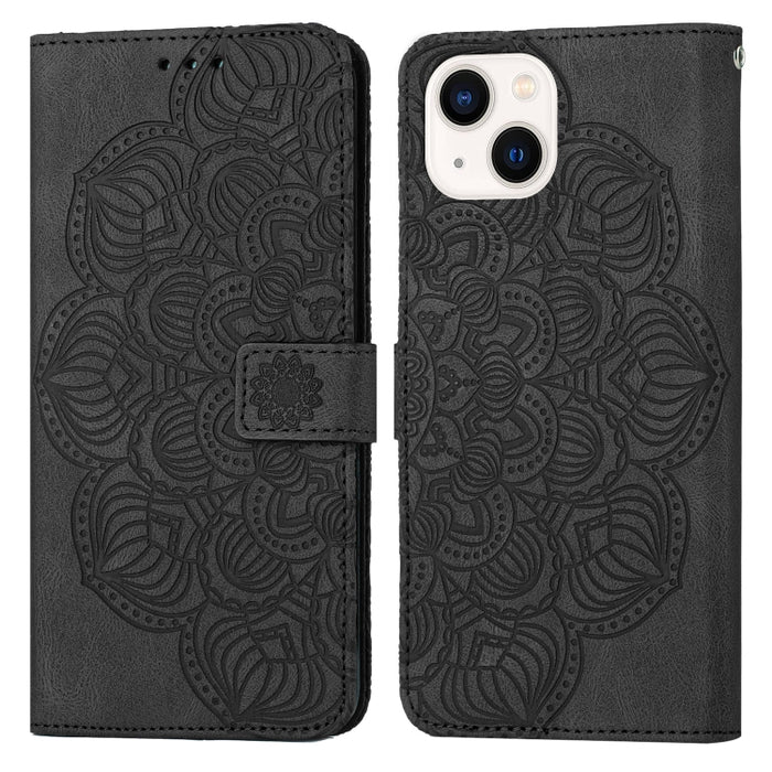Estuche para teléfono de cuero con tapa en relieve de mandala