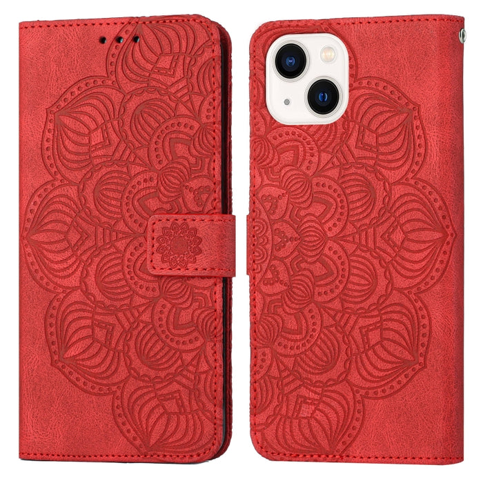 Estuche para teléfono de cuero con tapa en relieve de mandala