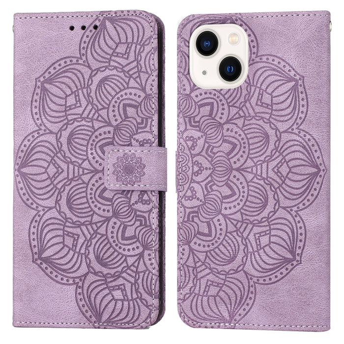 Estuche para teléfono de cuero con tapa en relieve de mandala