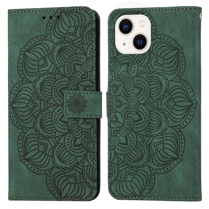Estuche para teléfono de cuero con tapa en relieve de mandala