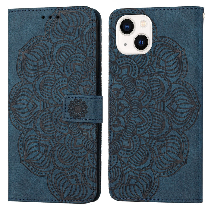 Estuche para teléfono de cuero con tapa en relieve de mandala