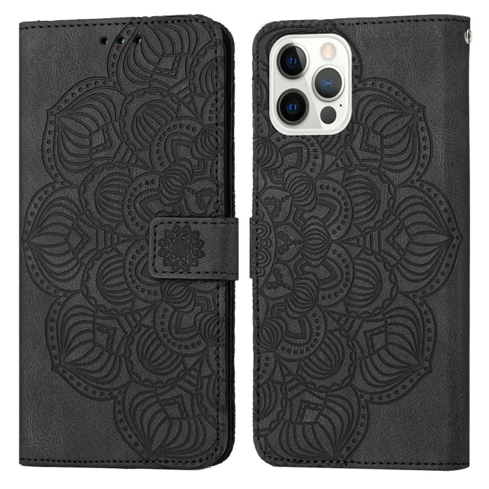 Estuche para teléfono de cuero con tapa en relieve de mandala