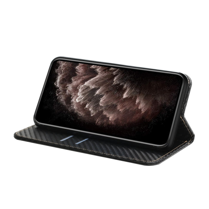 Caja de teléfono de cuero con tapa magnética de textura de fibra de carbono