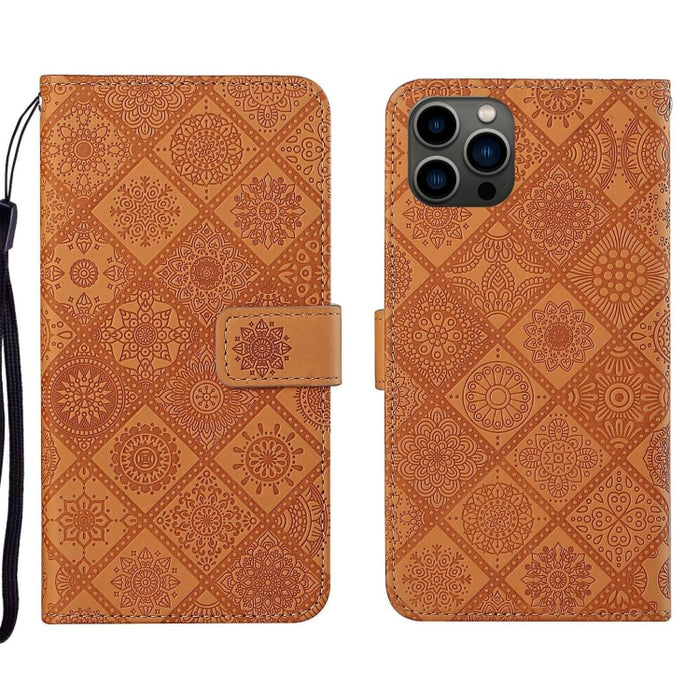 Estuche para teléfono de cuero con patrón en relieve de estilo étnico