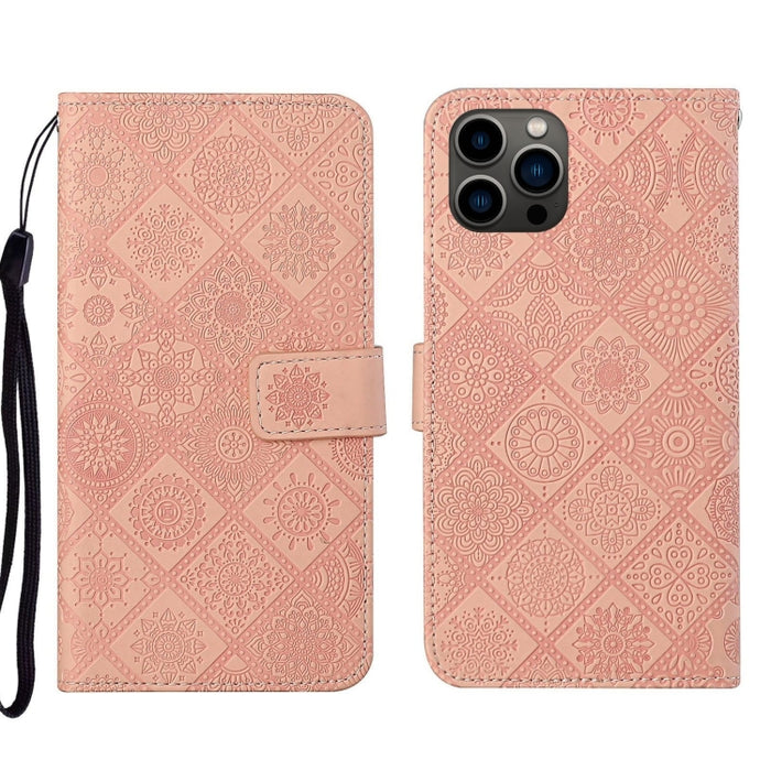 Estuche para teléfono de cuero con patrón en relieve de estilo étnico