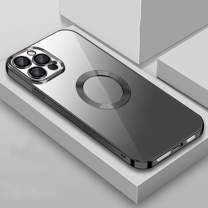 Estuche transparente para teléfono con película de lente plateada 9D