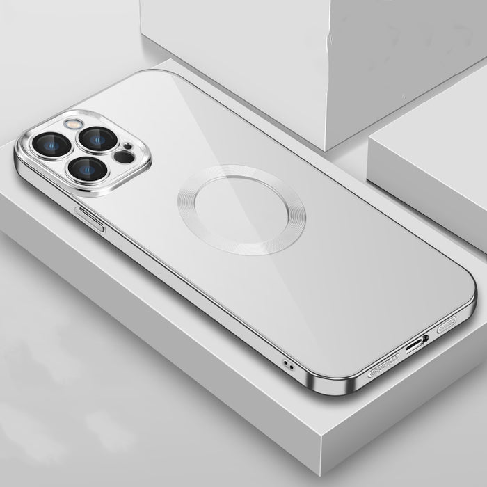 Estuche transparente para teléfono con película de lente plateada 9D